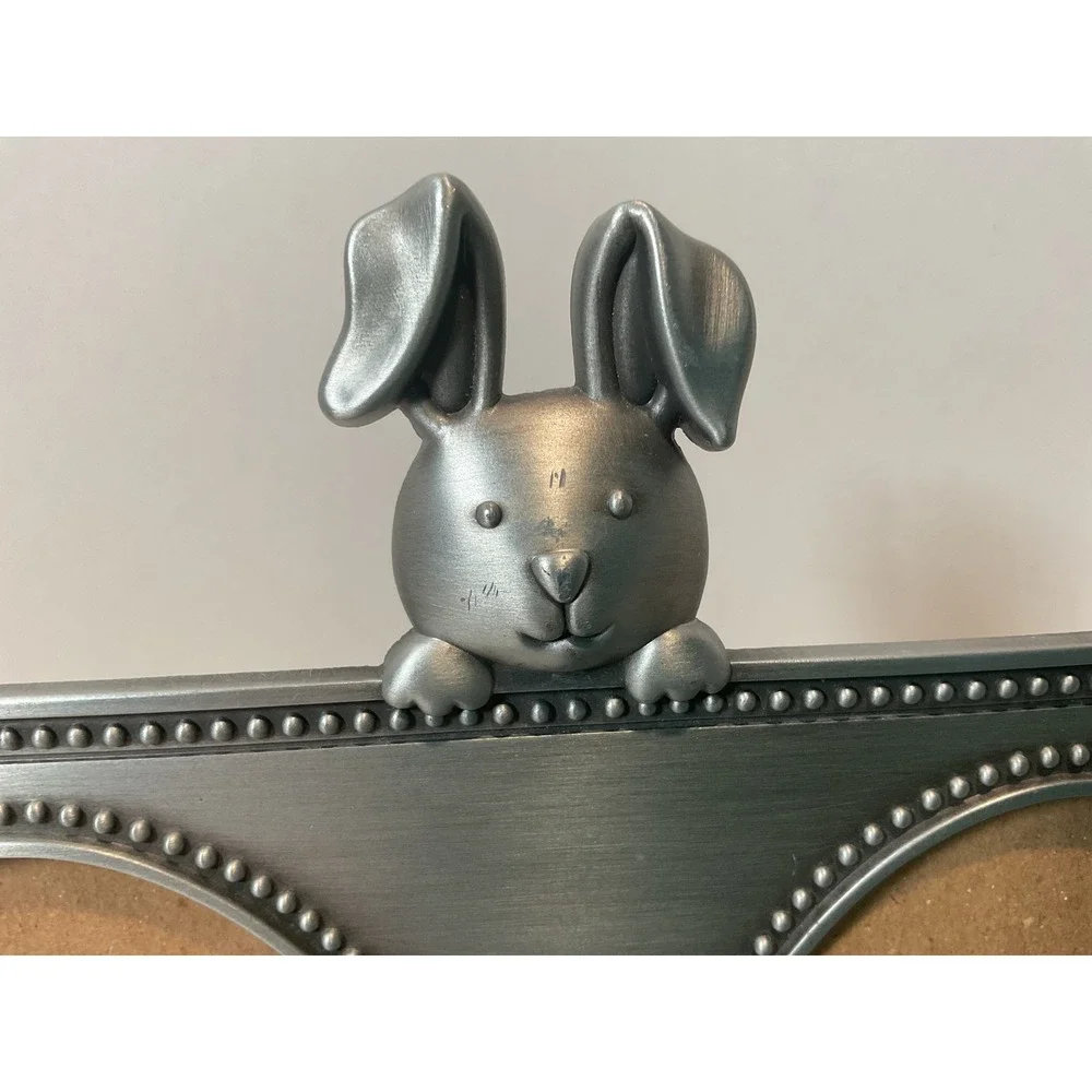 Burnes of Boston Double Oval Photo Frame Pewter Bunny Ears Easel Back Tabletop